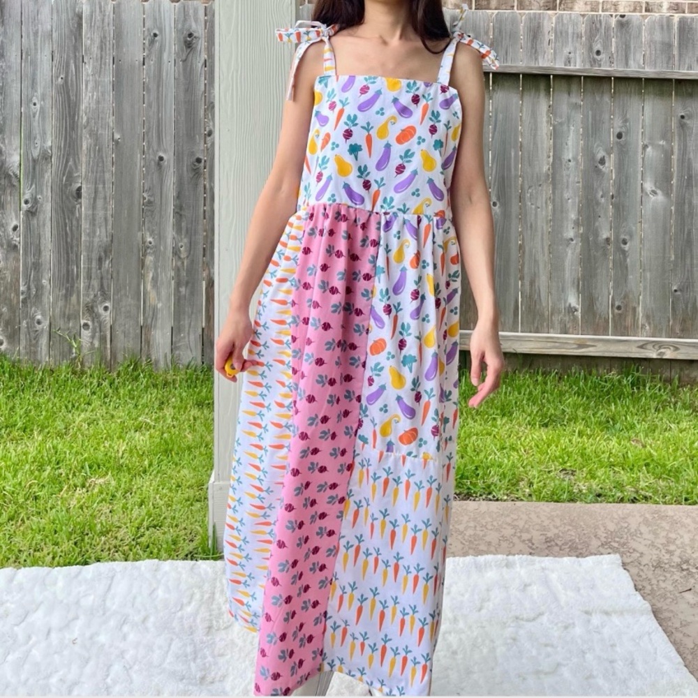 Whimsical Veggie Garden Dress Handmade with Shoulder Ties | SKU 06251 Midi